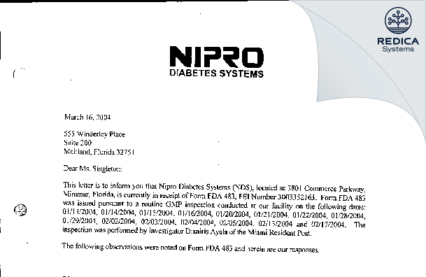FDA 483 Response - Nipro Diabetes Systems, Inc. [Miramar / United States of America] - Download PDF - Redica Systems