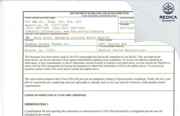 FDA 483 - Gardner Denver Thomas Inc [Monroe / United States of America] - Download PDF - Redica Systems