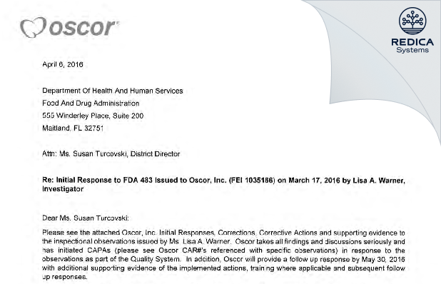 FDA 483 Response - Oscor Inc. [Palm Harbor / United States of America] - Download PDF - Redica Systems
