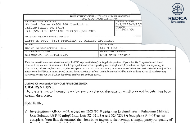FDA 483 - Genus Lifesciences Inc. [Allentown Pennsylvania / United States of America] - Download PDF - Redica Systems