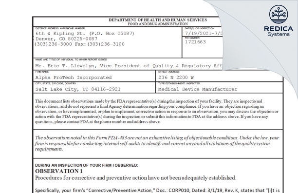 FDA 483 - Alpha ProTech Inc. [Salt Lake City / United States of America] - Download PDF - Redica Systems