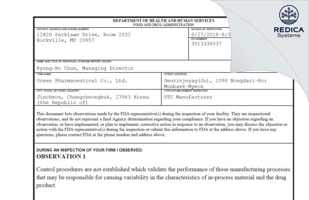 FDA 483 - Green Pharmaceutical Co., Ltd. [- / Korea (Republic of)] - Download PDF - Redica Systems