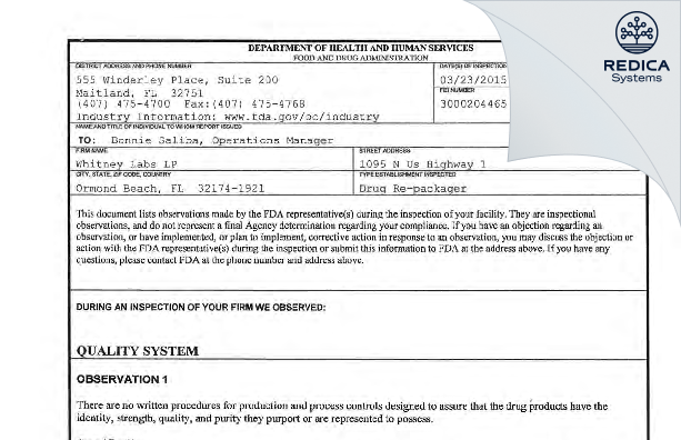 FDA 483 - Whitney Labs LP [Ormond Beach / United States of America] - Download PDF - Redica Systems