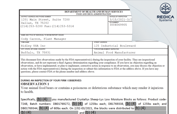 FDA 483 - Ridley USA Inc. [Buffalo / United States of America] - Download PDF - Redica Systems