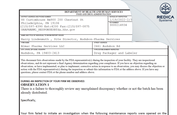 FDA 483 - Almac Pharma Services LLC [Audubon Pennsylvania / United States of America] - Download PDF - Redica Systems