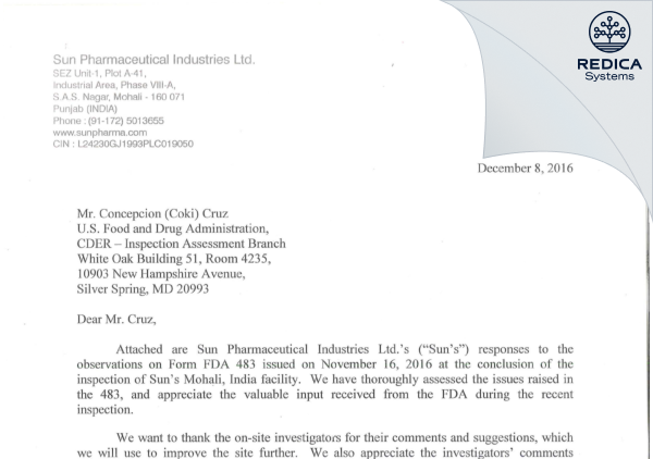 FDA 483 Response - Sun Pharmaceutical Industries Limited [India / India] - Download PDF - Redica Systems