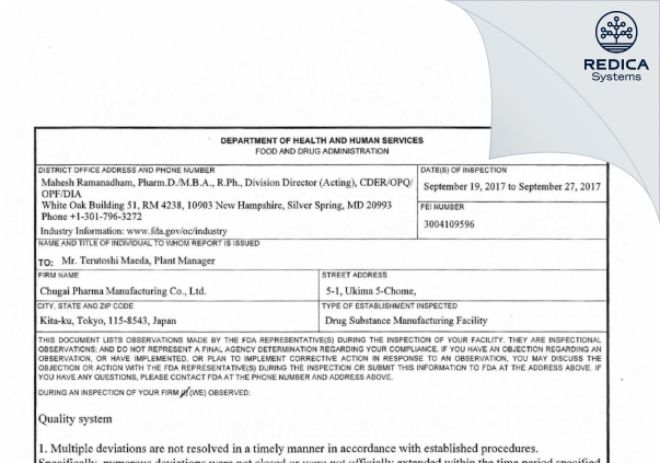 FDA 483 - Chugai Pharmaceutical Co., Ltd. [Kita / Japan] - Download PDF - Redica Systems