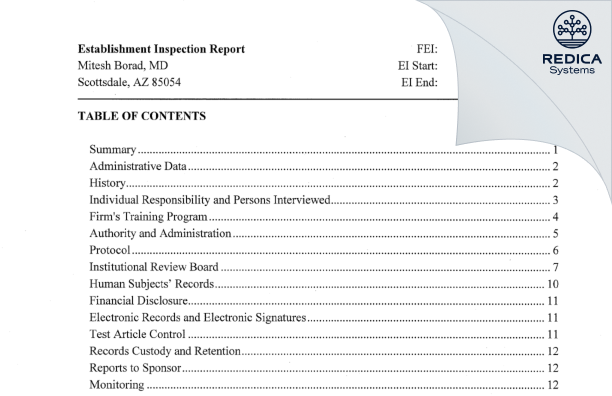 EIR - Mitesh Borad, MD [Phoenix / United States of America] - Download PDF - Redica Systems