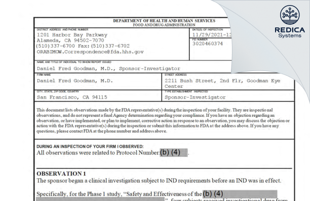 FDA 483 - Daniel Fred Goodman, M.D. [San Francisco / United States of America] - Download PDF - Redica Systems