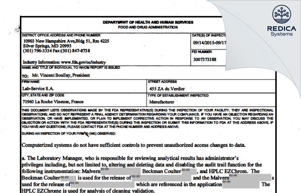 FDA 483 - LAB-SERVICE SAS [La Roche Vineuse / France] - Download PDF - Redica Systems