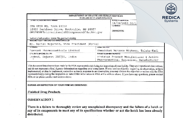 FDA 483 - Torrent Pharmaceuticals Limited [India / India] - Download PDF - Redica Systems