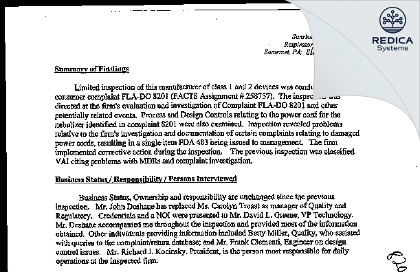 EIR - DeVilbiss Healthcare LLC [Somerset / United States of America] - Download PDF - Redica Systems