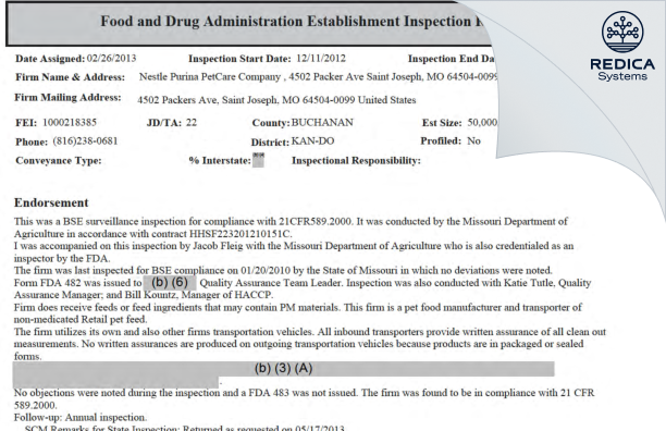 EIR - Nestle Purina PetCare Company [Saint Joseph / United States of America] - Download PDF - Redica Systems