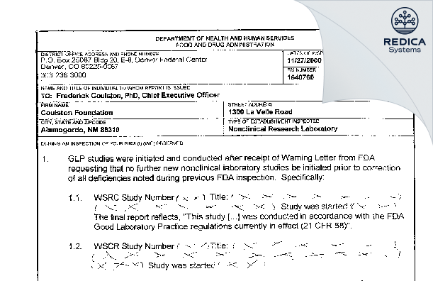 FDA 483 - Coulston Foundation [Alamogordo / United States of America] - Download PDF - Redica Systems