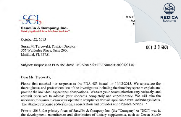 FDA 483 Response - SOFGEN PHARMACEUTICALS LLC [Riviera Beach / United States of America] - Download PDF - Redica Systems