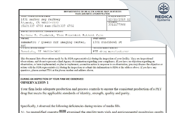 FDA 483 - Hamamatsu / Queens PET Imaging Center, LLC [Honolulu / United States of America] - Download PDF - Redica Systems