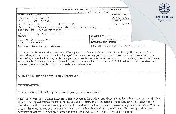 FDA 483 - Algaen Corporation [Winston Salem / United States of America] - Download PDF - Redica Systems