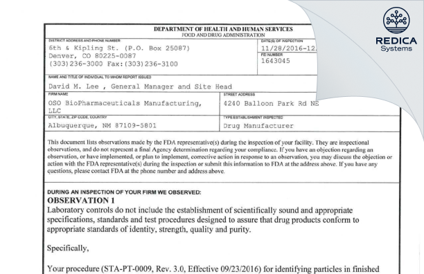 FDA 483 - Curia New Mexico, LLC [Mexico / United States of America] - Download PDF - Redica Systems