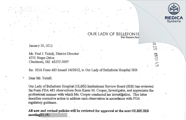 FDA 483 Response - Our Lady Of Bellefonte Hosp IRB [Ashland / United States of America] - Download PDF - Redica Systems