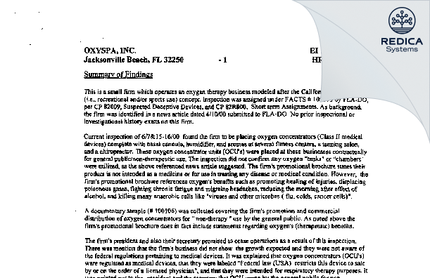 EIR - Oxyspa, Inc [Jacksonville Beach / United States of America] - Download PDF - Redica Systems