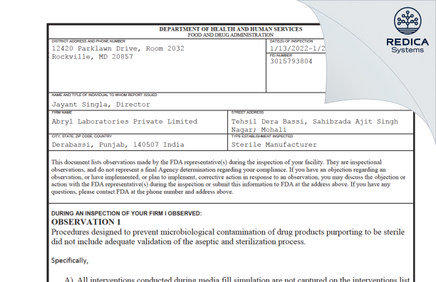 FDA 483 - ABRYL LABORATORIES PRIVATE LIMITED [Mohali / India] - Download PDF - Redica Systems