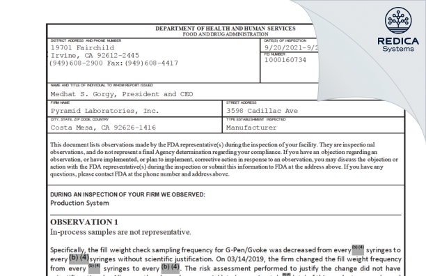 FDA 483 - PYRAMID Laboratories, Inc. [Costa Mesa California / United States of America] - Download PDF - Redica Systems