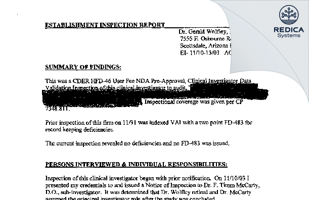 EIR - Dr. Gerald Wolfley, M.D. [Scottsdale / United States of America] - Download PDF - Redica Systems