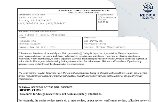 FDA 483 - Kinamed Inc [Camarillo / United States of America] - Download PDF - Redica Systems