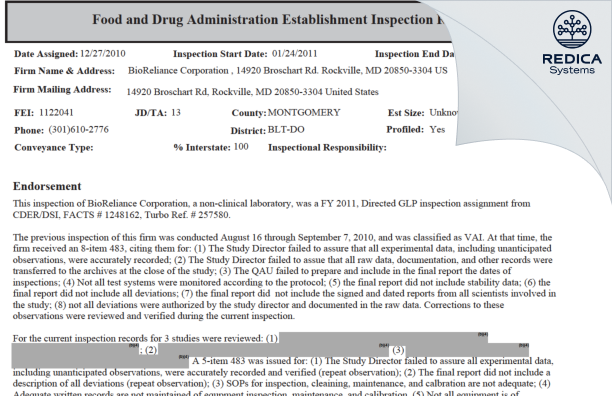 EIR - Bioreliance Corporation [Rockville / United States of America] - Download PDF - Redica Systems