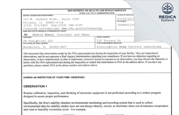 FDA 483 - SA Analytical, LLC [Mundelein / United States of America] - Download PDF - Redica Systems