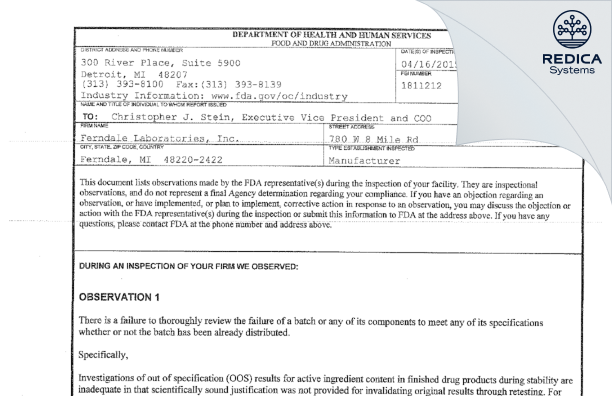 FDA 483 - Ferndale Laboratories, Inc. [Ferndale / United States of America] - Download PDF - Redica Systems