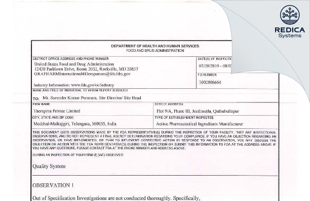 FDA 483 - Laxai Life Sciences Private Limited [Hyderabad / India] - Download PDF - Redica Systems