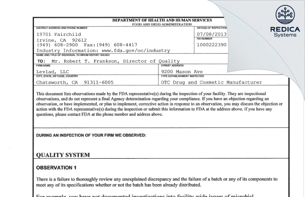 FDA 483 - Levlad, LLC [Chatsworth / United States of America] - Download PDF - Redica Systems