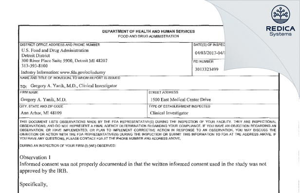 FDA 483 - Gregory Yanik, M.D. [Ann Arbor / United States of America] - Download PDF - Redica Systems