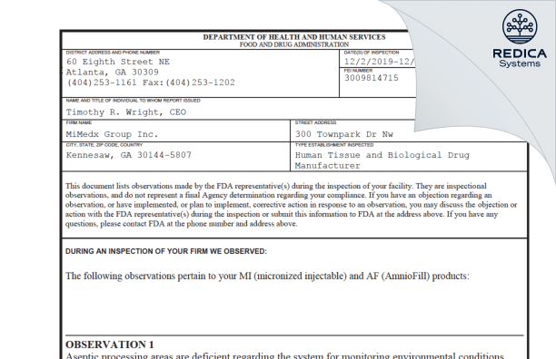 FDA 483 - MiMedx Group, Inc. [Kennesaw / United States of America] - Download PDF - Redica Systems