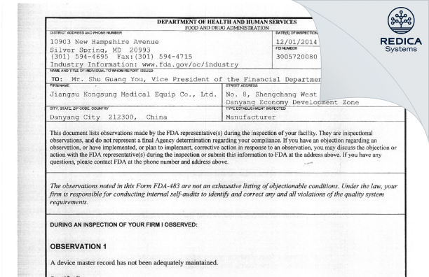 FDA 483 - Jiangsu Kongsung Medical Equip Co., Ltd. [- / China] - Download PDF - Redica Systems