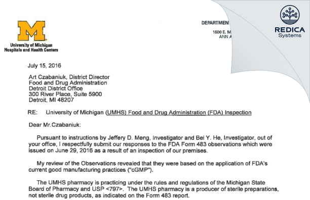 FDA 483 Response - Michigan Medicine [Ann Arbor / United States of America] - Download PDF - Redica Systems