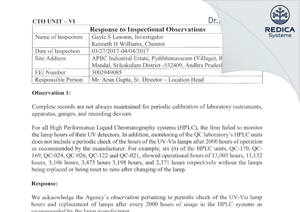 FDA 483 Response - DR. REDDY'S LABORATORIES LIMITED [India / India] - Download PDF - Redica Systems