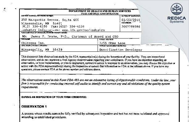FDA 483 - Chitogen, Inc. [Minneapolis / United States of America] - Download PDF - Redica Systems