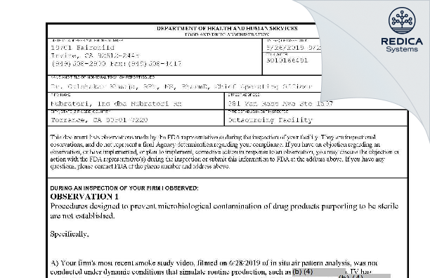 FDA 483 - Nubratori, Inc [Torrance / United States of America] - Download PDF - Redica Systems