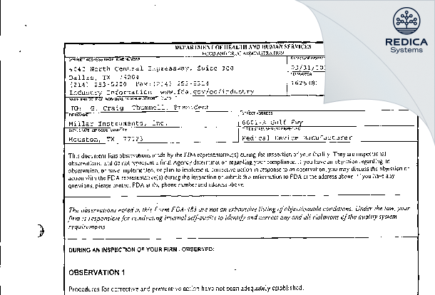 FDA 483 - Millar, Inc. [Houston / United States of America] - Download PDF - Redica Systems