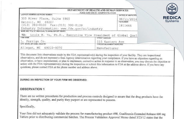 FDA 483 - L. Perrigo Company [Michigan / United States of America] - Download PDF - Redica Systems