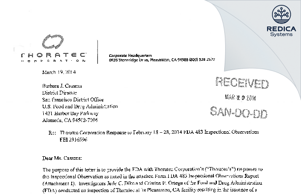 FDA 483 Response - Thoratec Corp. [Pleasanton / United States of America] - Download PDF - Redica Systems