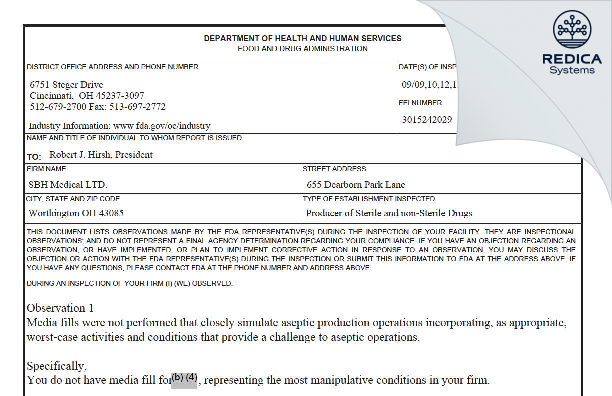 FDA 483 - SBH Medical, LTD [Worthington / United States of America] - Download PDF - Redica Systems