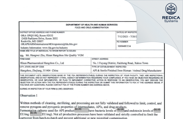 FDA 483 - Hisun Pharmaceutical (Hangzhou) Co., Ltd. [China / China] - Download PDF - Redica Systems