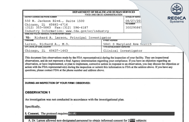 FDA 483 - Larson, Richard A., M.D. [Chicago / United States of America] - Download PDF - Redica Systems
