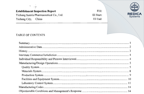 EIR - Yichang Sanxia Pharmaceutical Co., Ltd. [China / China] - Download PDF - Redica Systems