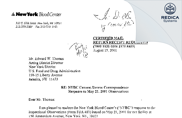 FDA 483 Response - New York Blood Center, Inc. [York / United States of America] - Download PDF - Redica Systems
