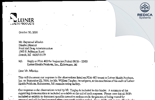 FDA 483 Response - Leiner Health Products [Kalamazoo / United States of America] - Download PDF - Redica Systems