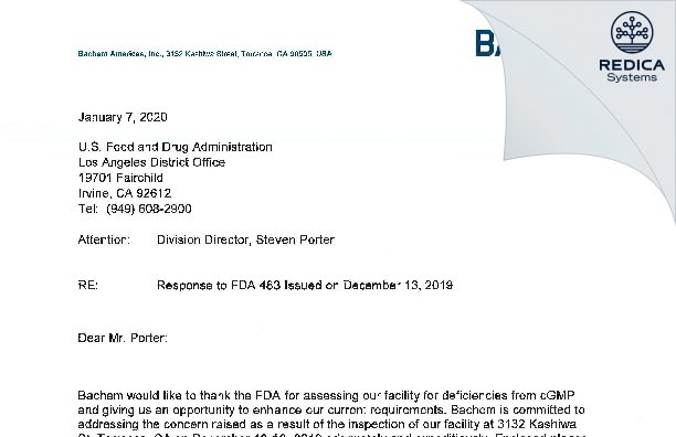 FDA 483 Response - Bachem Americas, Inc. [Torrance / United States of America] - Download PDF - Redica Systems